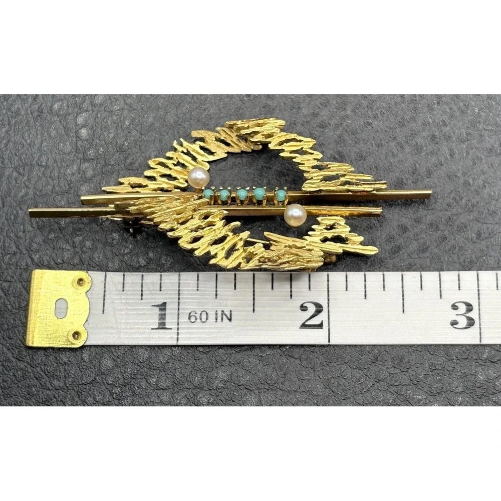 Vintage 18K Yellow Gold Abstract Modernist Style Pearl Blue Stone Brooch Pin